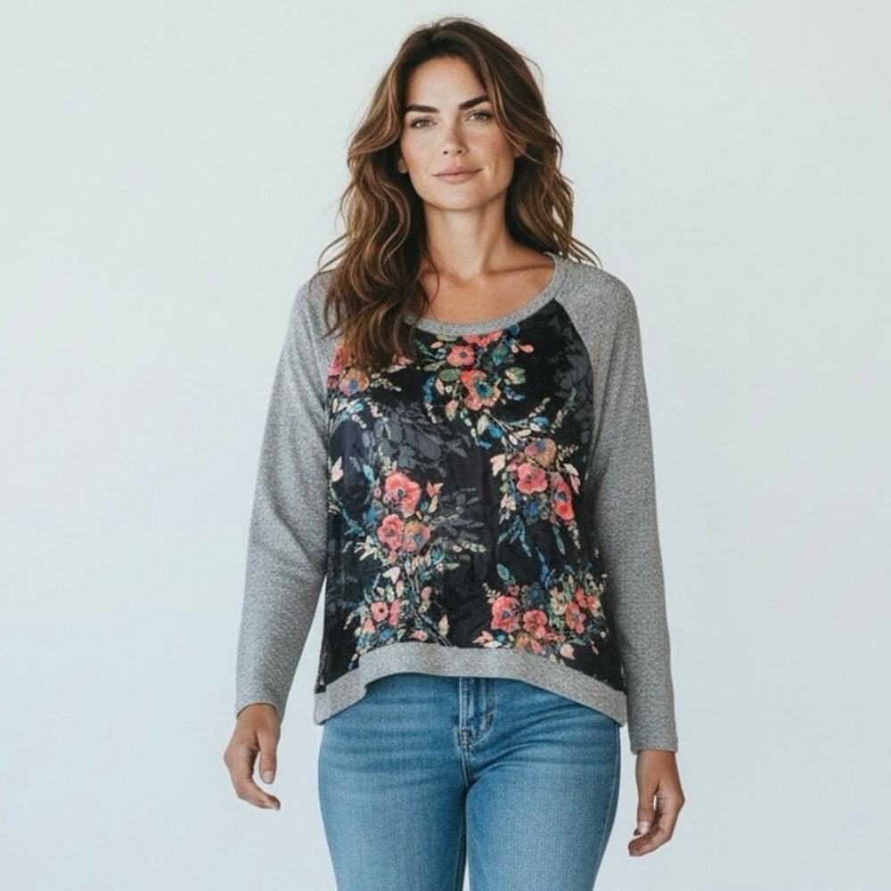 KUT from the Kloth Top Floral Raglan Pullover Sweater Gray Black Mixed Media LRG